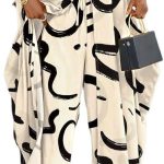 Women's 2 Piece Outfits Abstract Print Batwing Sleeve V Neck Top with High Slit and Loose Wide Leg Pants Set