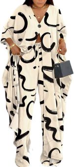 Women's 2 Piece Outfits Abstract Print Batwing Sleeve V Neck Top with High Slit and Loose Wide Leg Pants Set