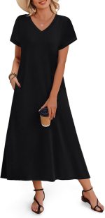 Women Summer Floral Dress Short Sleeve Beach Dress with Pockets Casual V-Neck Split Long T-Shirt Dress Travel Vacation - Image 2