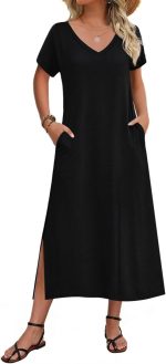 Women Summer Floral Dress Short Sleeve Beach Dress with Pockets Casual V-Neck Split Long T-Shirt Dress Travel Vacation
