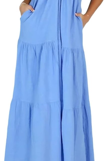 Women's Casual Halter Tiered Vacation Maxi Dress with Pockets