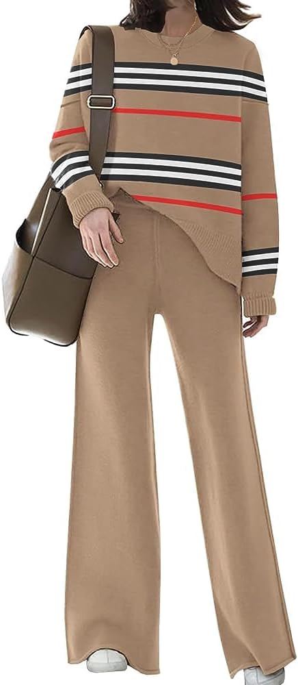 51MXY4Z4doL._AC_SL1000_.jpg NEW Womens Elegant Lounge Sets Knitted Sweatsuit Sets 2 Piece Outfits with Sweater Tops and Wide Leg Sweatpants - Image 1