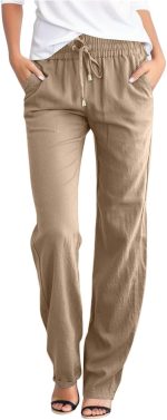 Women's Casual Cotton Linen Pants Fashion Drawstring Lightweight Summer Relax Fit Straight Leg Lounge Trouser