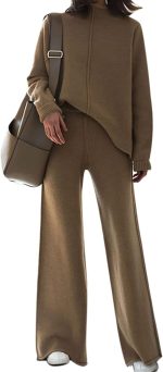 Women Sweater Set 2 Piece Knit Sweatsuit Turtleneck Sweater Top and Wide Leg Pant Lounge Outfits