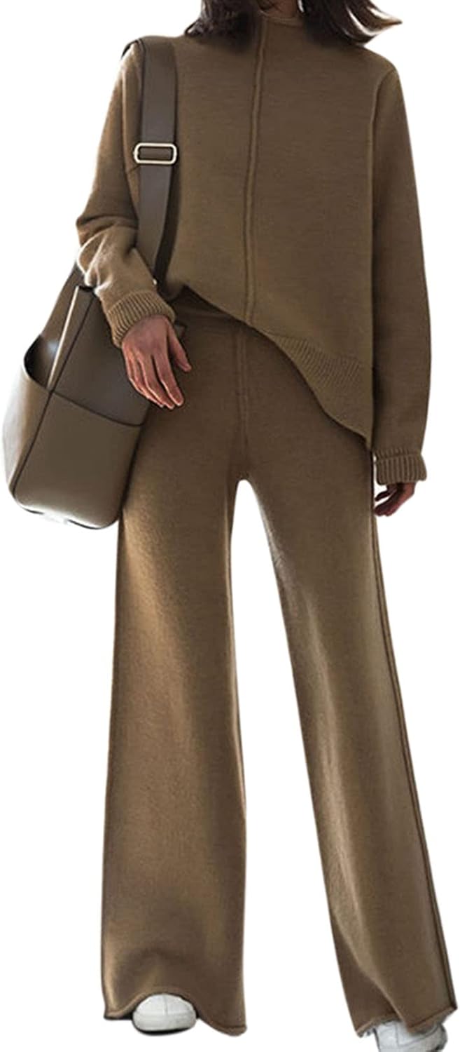 51Z6SDvnlBL._AC_SL1500_.jpg Women Sweater Set 2 Piece Knit Sweatsuit Turtleneck Sweater Top and Wide Leg Pant Lounge Outfits - Image 1