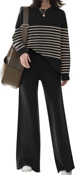 NEW Womens Elegant Lounge Sets Knitted Sweatsuit Sets 2 Piece Outfits with Sweater Tops and Wide Leg Sweatpants - Image 2