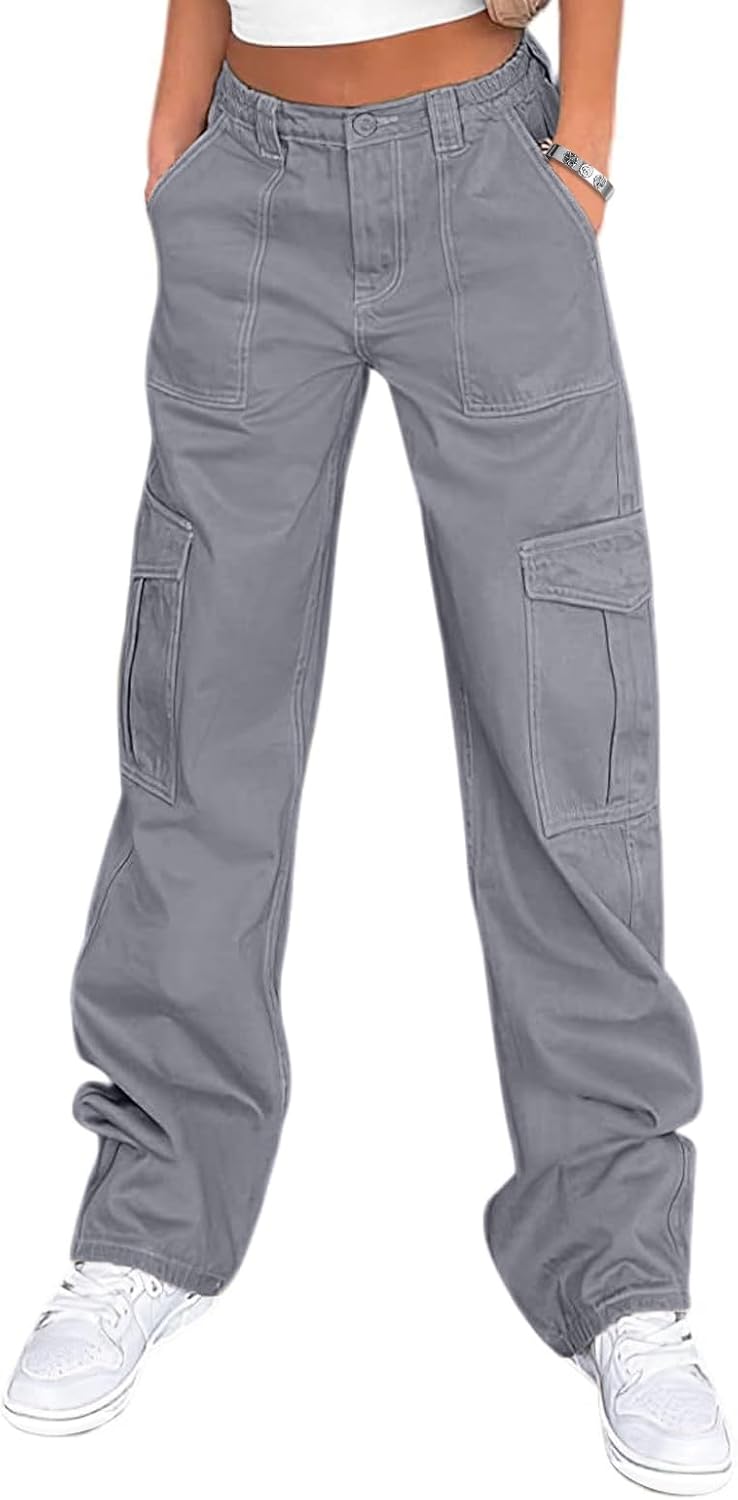 51utG0jPknL._AC_SL1500_.jpg Cargo Pants for Women High Waisted Casual Pants Baggy Stretchy Wide Leg Streetwear with 6 Pockets - Image 1