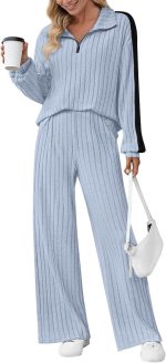 Womens 2 Piece Outfits Ribbed Knit Lounge Sets Cozy Half Zip Sweatsuit Sets Wide Leg Jogger Tracksuits - Image 2