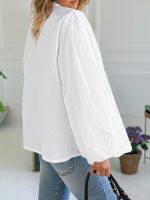 Womens Lantern Sleeve Button Down Shirts Oversized Mock Neck Blouse Trendy Casual Loose Fit Cotton Tops - Image 2