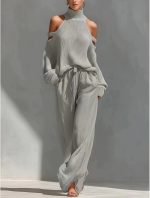 Women’s Beige Knit Cold Shoulder Turtleneck Top and Wide Leg Pants Set, 2-Piece Regular Fit Outfit for Work Dinner Elegant - Image 2