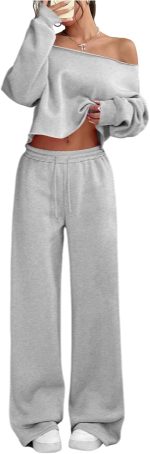 Women's 2 Piece Outfits Sweatsuits Off The Shoulder Crop Top Wide Leg Sweatpants Casual Matching Lounge Sets