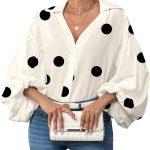 Women's Polka Dots Long Lantern Sleeve Blouse Collared V Neck Top Shirts