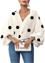 Women's Polka Dots Long Lantern Sleeve Blouse Collared V Neck Top Shirts