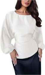 Women's Satin Blouse Long Lantern Sleeve Dressy Casual Business Work Blouse Tie Back Top