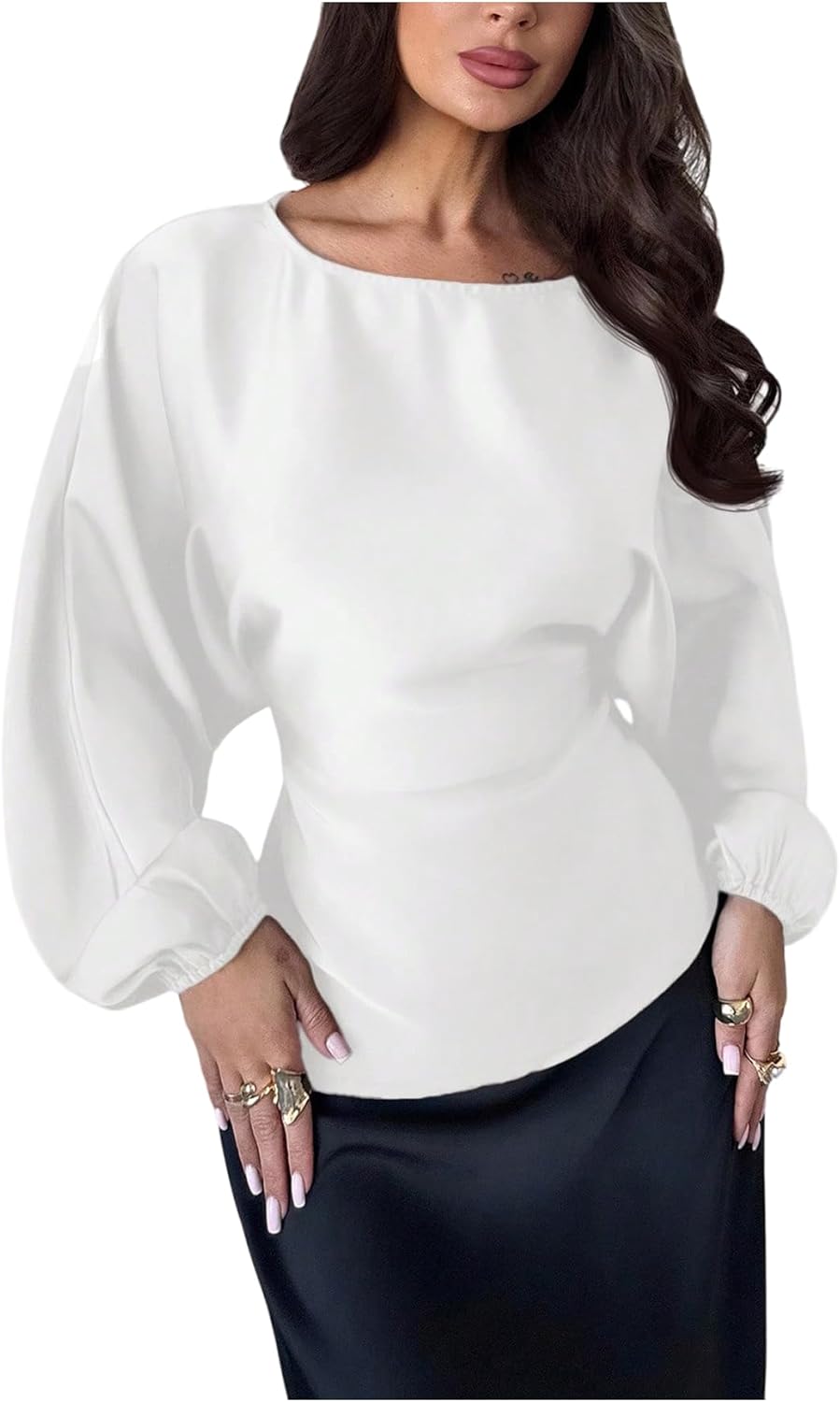 61QKbKyv4L._AC_SL1500_.jpg Women's Satin Blouse Long Lantern Sleeve Dressy Casual Business Work Blouse Tie Back Top - Image 1