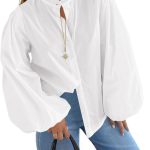 Womens Lantern Sleeve Button Down Shirts Oversized Mock Neck Blouse Trendy Casual Loose Fit Cotton Tops