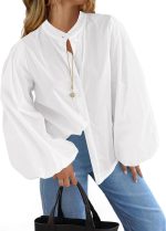 Womens Lantern Sleeve Button Down Shirts Oversized Mock Neck Blouse Trendy Casual Loose Fit Cotton Tops