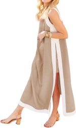 Women's 2 Piece Sets Boho Color Block Sleeveless Maxi Dress Matching Shorts with Pockets