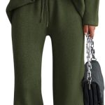 Women Spring 2 Piece Outfits High Neck Sweater Sets Drawstring Wide Leg Pant Chunky Knit Lounge Set
