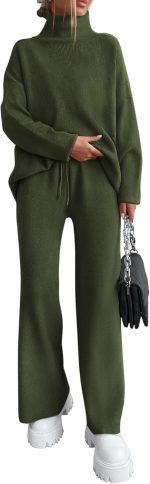 Women Spring 2 Piece Outfits High Neck Sweater Sets Drawstring Wide Leg Pant Chunky Knit Lounge Set
