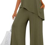 Women's 2026 Two Piece Matching Lounge Sets Asymmetrical Split Tank Tops Wide Leg Pants Summer Outfits Tracksuit