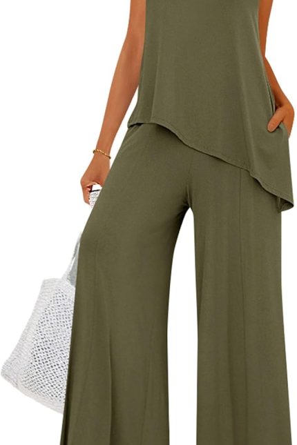 Women's 2026 Two Piece Matching Lounge Sets Asymmetrical Split Tank Tops Wide Leg Pants Summer Outfits Tracksuit