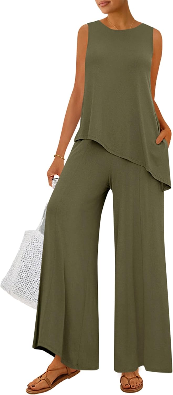 61XLeQB7OsL._AC_SL1500_.jpg Women's 2026 Two Piece Matching Lounge Sets Asymmetrical Split Tank Tops Wide Leg Pants Summer Outfits Tracksuit - Image 1