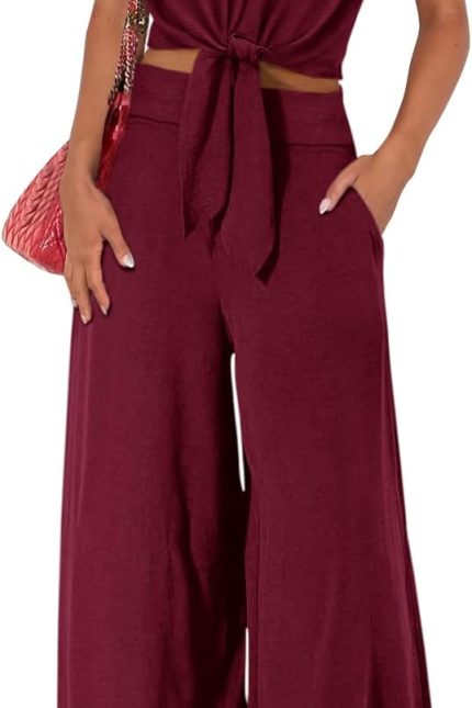 Women's Summer 2 Piece Outfits 2026 Cap Sleeve V Neck Belted Crop Tops Wide Leg Pant Sets Casual Tracksuit