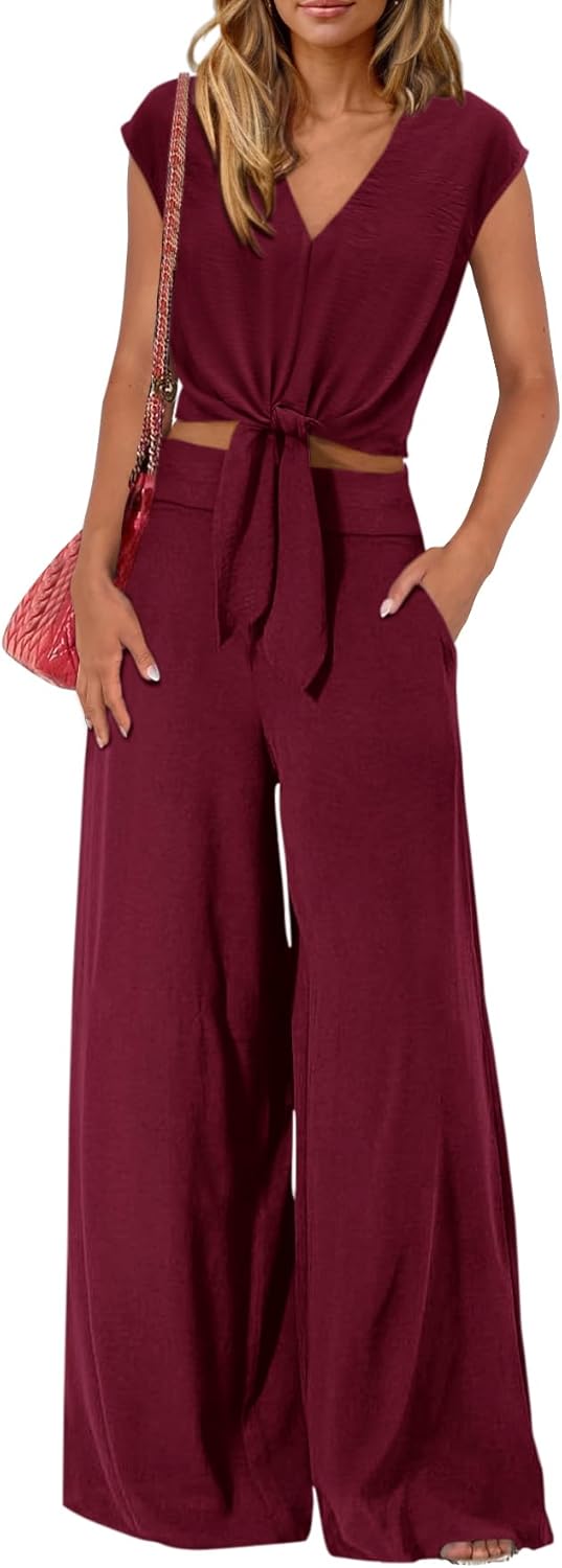 61YP3gFwEFL._AC_SL1500_.jpg Women's Summer 2 Piece Outfits 2026 Cap Sleeve V Neck Belted Crop Tops Wide Leg Pant Sets Casual Tracksuit - Image 1