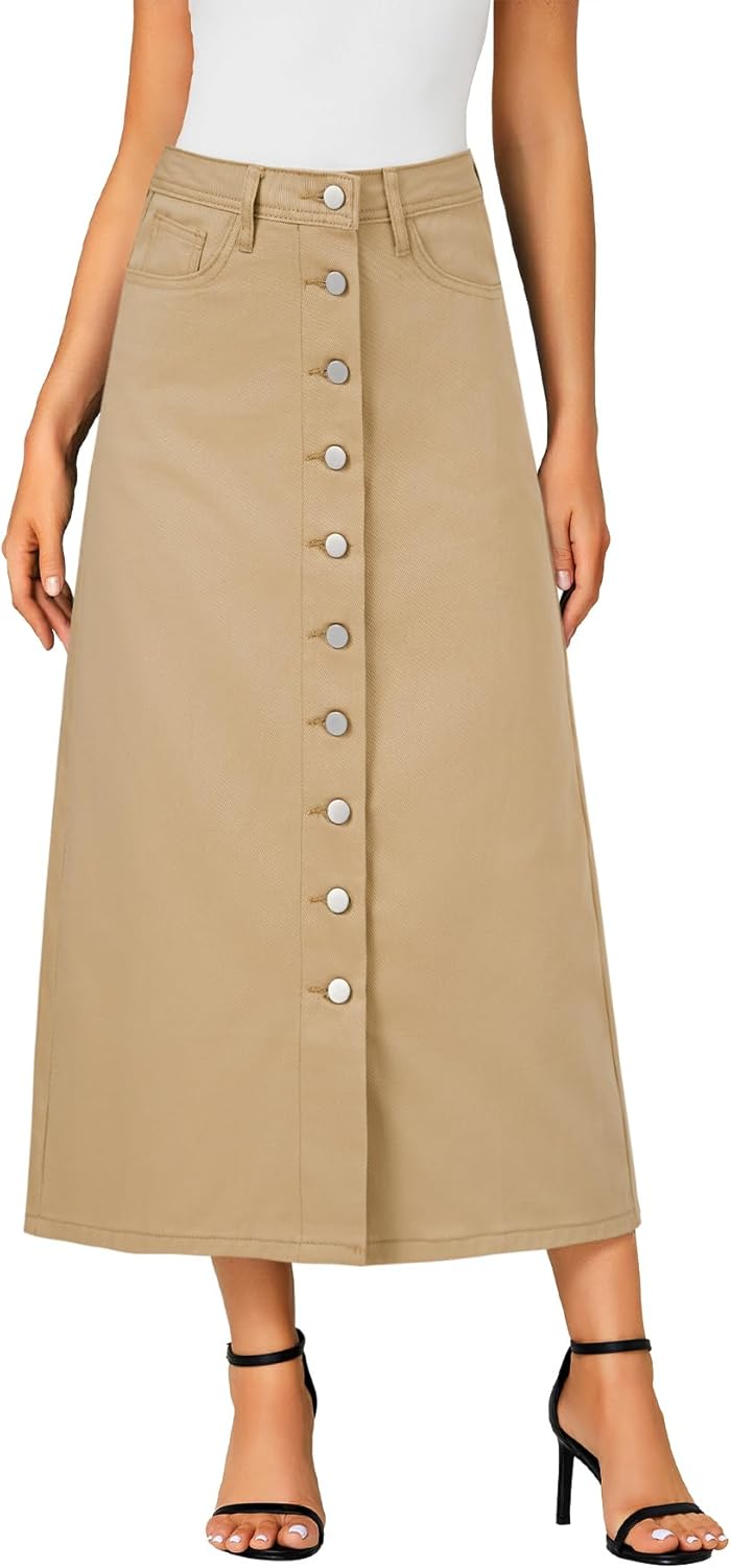 61ZfQQYFo5L._AC_SL1500_.jpg Women's Casual Button Down High Waisted A Line Jean Midi Long Denim Skirt with Pockets - Image 1