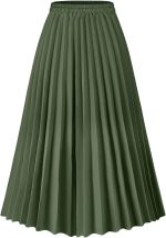 Womens Skirt Leopard Print Midi Long Shirring Pleated Skirts High Waisted A Line Skirts