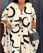 Women's 2 Piece Outfits Abstract Print Batwing Sleeve V Neck Top with High Slit and Loose Wide Leg Pants Set - Image 2