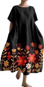 Plus Size Boho Dresses for Women 2026 Boho Floral Cotton Maxi Dresses A Line Short Sleeve Flowy Dress with Pockets