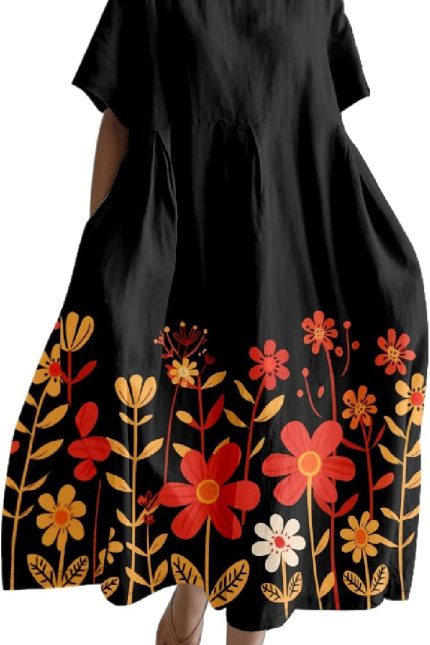 Plus Size Boho Dresses for Women 2026 Boho Floral Cotton Maxi Dresses A Line Short Sleeve Flowy Dress with Pockets