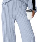Womens 2 Piece Outfits Ribbed Knit Lounge Sets Cozy Half Zip Sweatsuit Sets Wide Leg Jogger Tracksuits