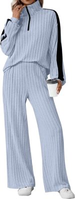 Womens 2 Piece Outfits Ribbed Knit Lounge Sets Cozy Half Zip Sweatsuit Sets Wide Leg Jogger Tracksuits