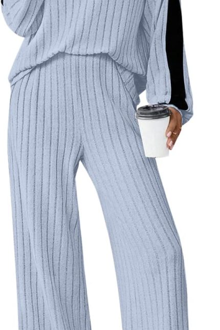 Womens 2 Piece Outfits Ribbed Knit Lounge Sets Cozy Half Zip Sweatsuit Sets Wide Leg Jogger Tracksuits