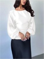 Women's Satin Blouse Long Lantern Sleeve Dressy Casual Business Work Blouse Tie Back Top - Image 2