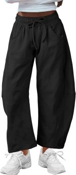 Women's Barrel Leg Sweatpant Drawstring Elastic Waisted Wide Leg Pants Casual Cotton Trousers with Pockets