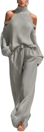 Women’s Beige Knit Cold Shoulder Turtleneck Top and Wide Leg Pants Set, 2-Piece Regular Fit Outfit for Work Dinner Elegant