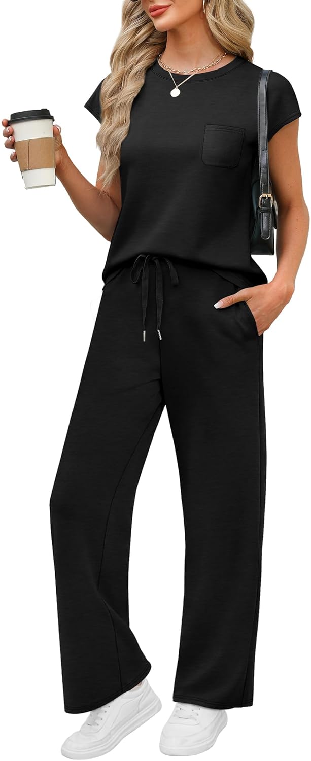 61ojAXurMdL._AC_SL1500_.jpg 2 Piece Sets for Women Casual Summer Travel Vacation Outfits Cap Sleeve Lounge Set - Image 1