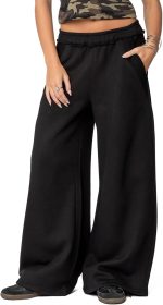 Womens Fleece Lined Sweatpants Wide Leg Baggy Thermal Lounge Pants Raw Hem Elastic Waist Oversized Sweat Pants