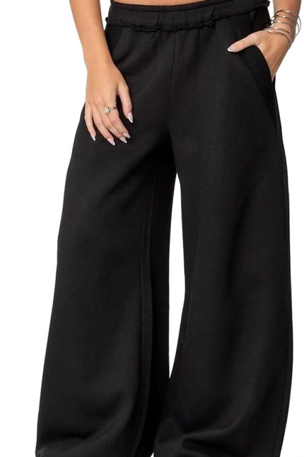 Womens Fleece Lined Sweatpants Wide Leg Baggy Thermal Lounge Pants Raw Hem Elastic Waist Oversized Sweat Pants
