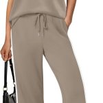 2 Piece Sets for Women Crew Neck Travel Airport Outfits Summer Fashion Clothing Cap Sleeve Tops Wide Legs Pants Set