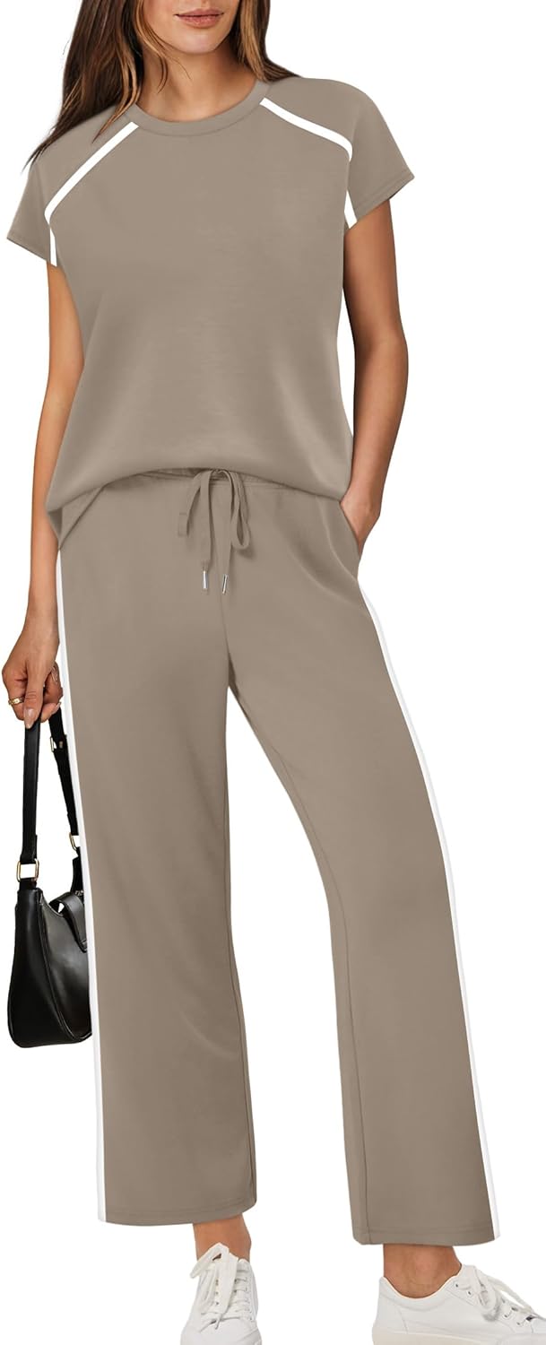 61xYd1BocVL._AC_SL1500_.jpg 2 Piece Sets for Women Crew Neck Travel Airport Outfits Summer Fashion Clothing Cap Sleeve Tops Wide Legs Pants Set - Image 1