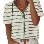 Women's Short Sleeve Sweater Spring Summer Crochet Knit Tops 2026 V Neck Striped Button Down Dressy Casual Blouses