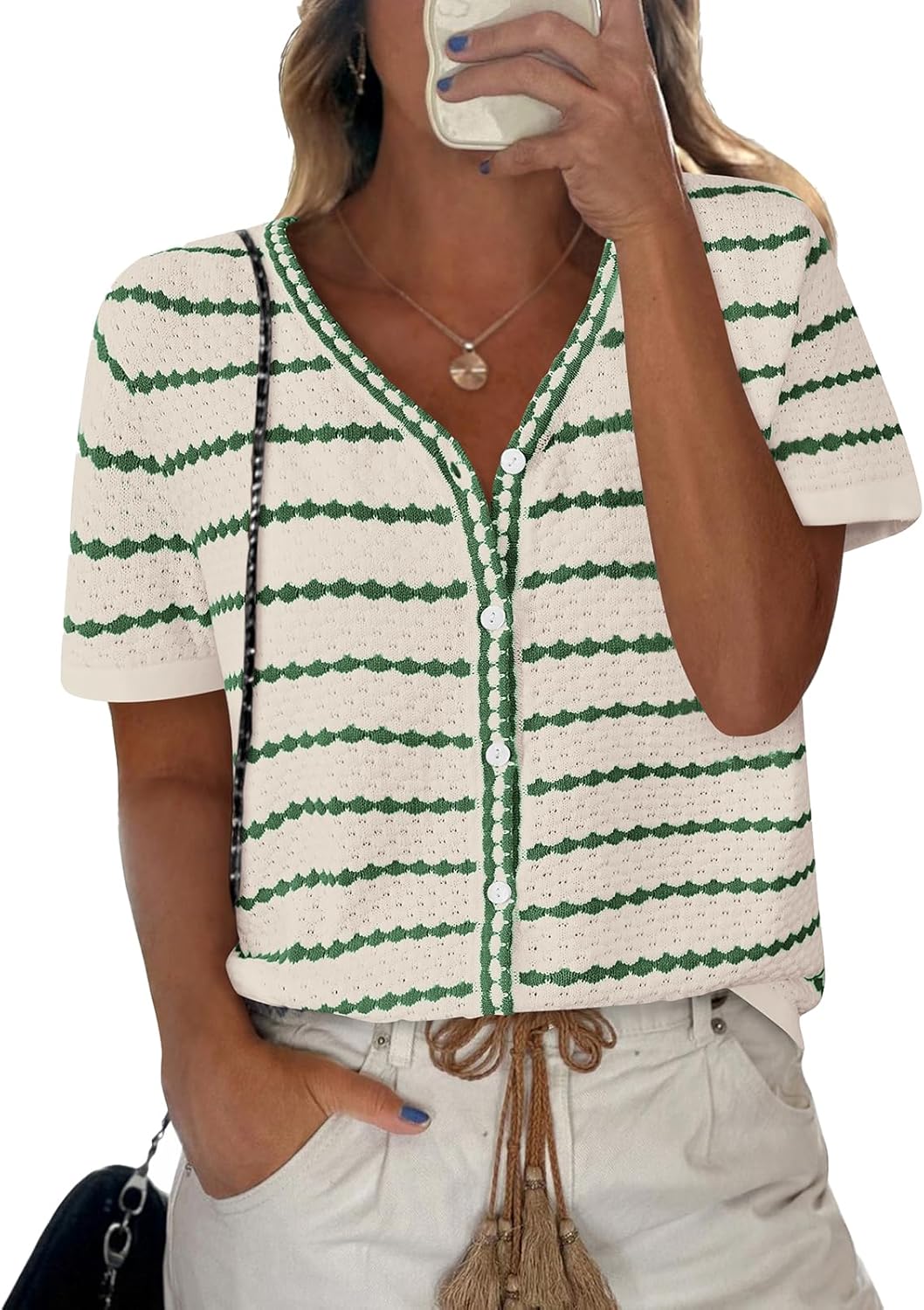 7108N-U0aML._AC_SL1500_.jpg Women's Short Sleeve Sweater Spring Summer Crochet Knit Tops 2026 V Neck Striped Button Down Dressy Casual Blouses - Image 1