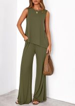 Women's 2026 Two Piece Matching Lounge Sets Asymmetrical Split Tank Tops Wide Leg Pants Summer Outfits Tracksuit - Image 2