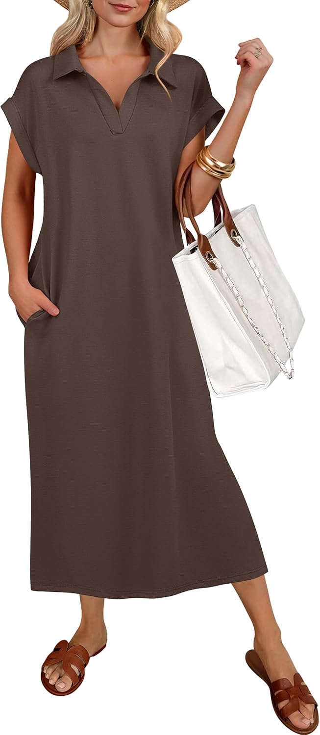711HCLUL4EL._AC_SL1500_.jpg Womens Summer Casual Midi Dresses Short Sleeve Polo V Neck Loose Split Wrinkle-Free Beach Vacation Tshirt Maxi Dress - Image 1
