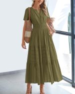 Womens Summer 2026 Casual Midi Maxi Dresses Lightweight Short Sleeve V Neck Elastic Waist Boho Beach Dress Pockets - Image 2